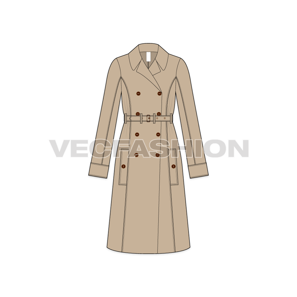 A Vector Template for Women's Double-breasted Classic Trench Coat in cream color. It is added with Main Loop Label, Big Coat Buttons, a Big Belt with Belt Loops. This is a must-have product for Fall/Winter seasons especially when going outdoor.