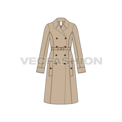 A Vector Template for Women's Double-breasted Classic Trench Coat in cream color. It is added with Main Loop Label, Big Coat Buttons, a Big Belt with Belt Loops. This is a must-have product for Fall/Winter seasons especially when going outdoor.