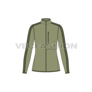 A vector template for Women's Climbing Fleece Jacket. It is colored in olive green color with a darker tone of it to give a thick bold stripe.