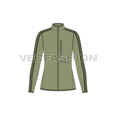 A vector template for Women's Climbing Fleece Jacket. It is colored in olive green color with a darker tone of it to give a thick bold stripe.