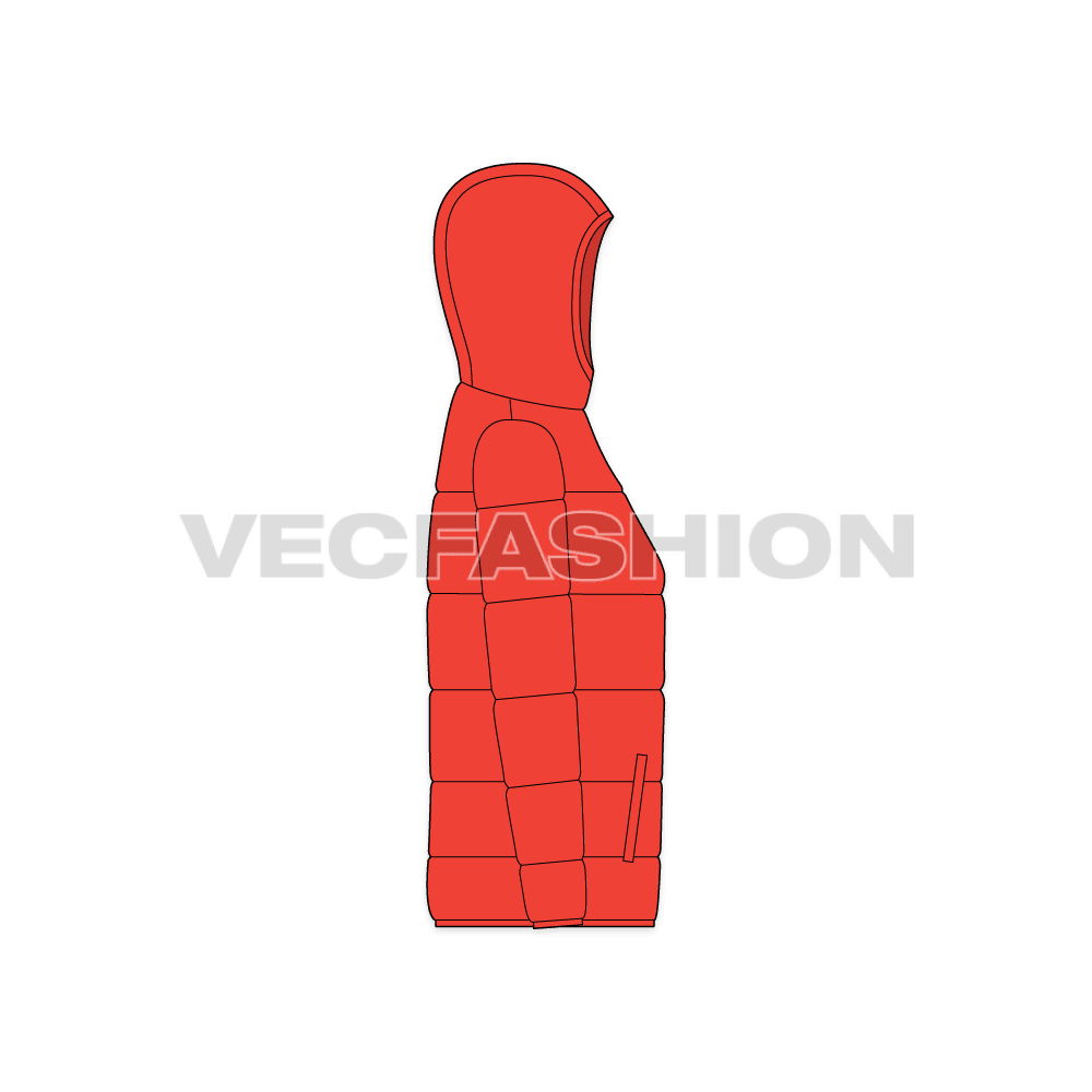 A vector illustrator template of Women's Climbing Puffer Jacket. It is showing a heavy quilting inside and front closure is a waterproof zipper with zipped pockets on sides.
