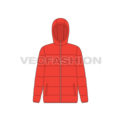 A vector illustrator template of Women's Climbing Puffer Jacket. It is showing a heavy quilting inside and front closure is a waterproof zipper with zipped pockets on sides.