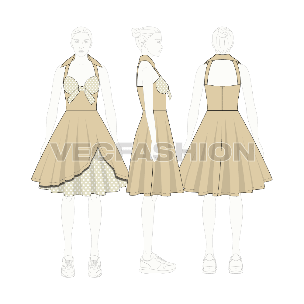 Womens cocktail party dress flat sketch, croqui sketch