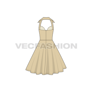 A vector template for Women's Cocktail Party Dress. It has a beige colored fabric on top layer with polka dots fabric as an under layer.