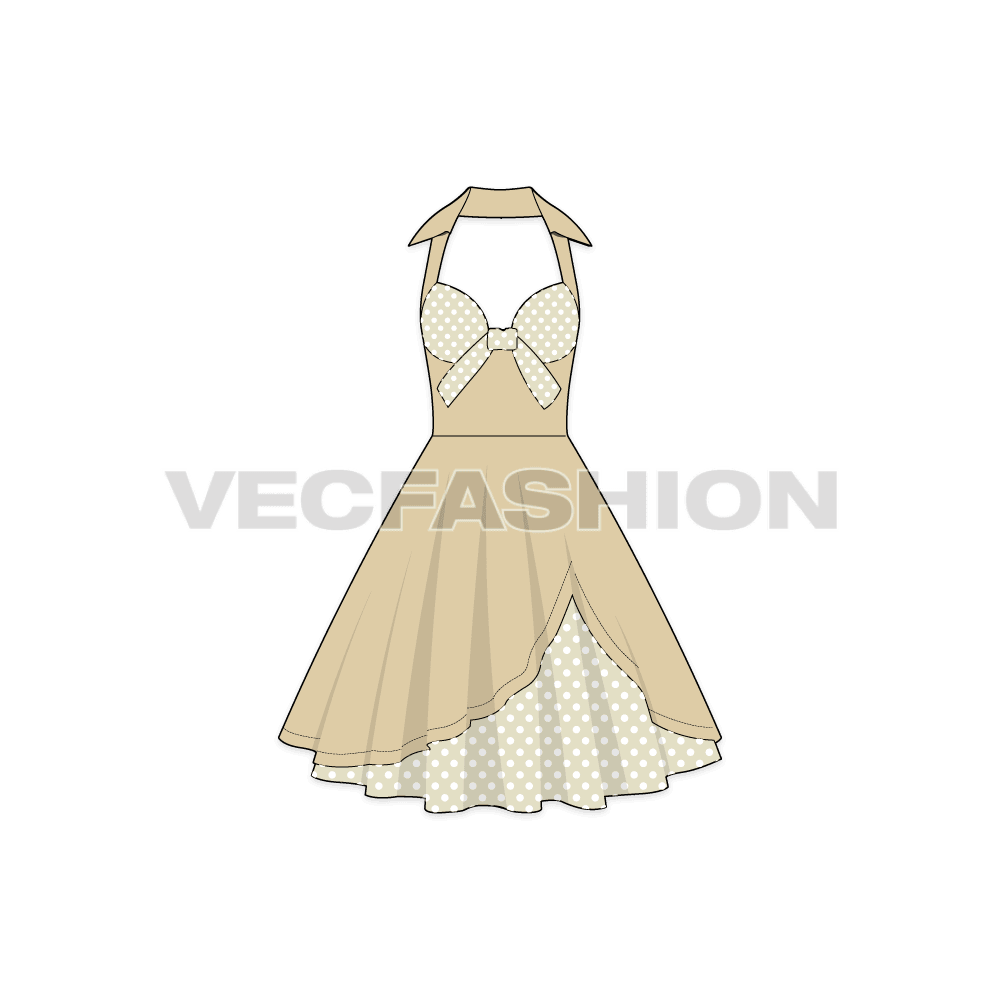 Womens cocktail party dress flat sketch, front view