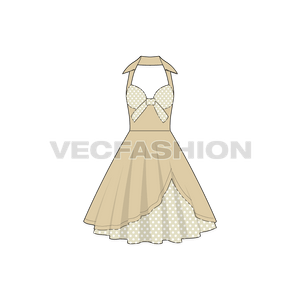 A vector template for Women's Cocktail Party Dress. It has a beige colored fabric on top layer with polka dots fabric as an under layer.