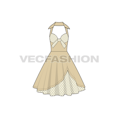 A vector template for Women's Cocktail Party Dress. It has a beige colored fabric on top layer with polka dots fabric as an under layer.