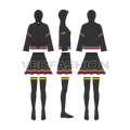 Womens cocktail set flat sketch, showing all views, front, side and back