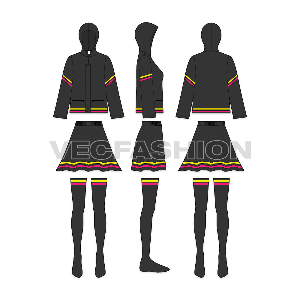 Womens cocktail set flat sketch, showing all views, front, side and back