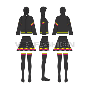 A vector template set of Women's Cocktail set. It has a blouse top with skirt and very long socks coming till thigh area. It has contrast neon colored panels in two colors. 