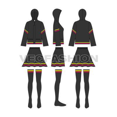 A vector template set of Women's Cocktail set. It has a blouse top with skirt and very long socks coming till thigh area. It has contrast neon colored panels in two colors. 