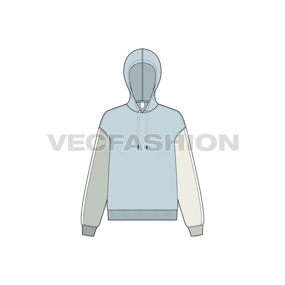 Womens color blocked hoodie, multi color flat sketch, front view