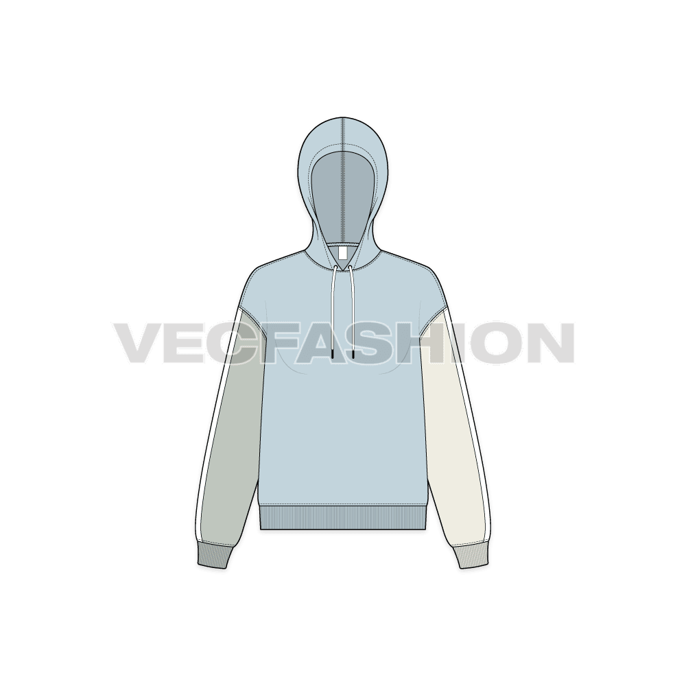 A new vector illustrator template of Women's Color Blocked Hoodie. It is rendered in multi colors and sleeves have a contrast white colored stripe.  