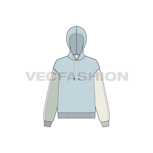 A new vector illustrator template of Women's Color Blocked Hoodie. It is rendered in multi colors and sleeves have a contrast white colored stripe.  
