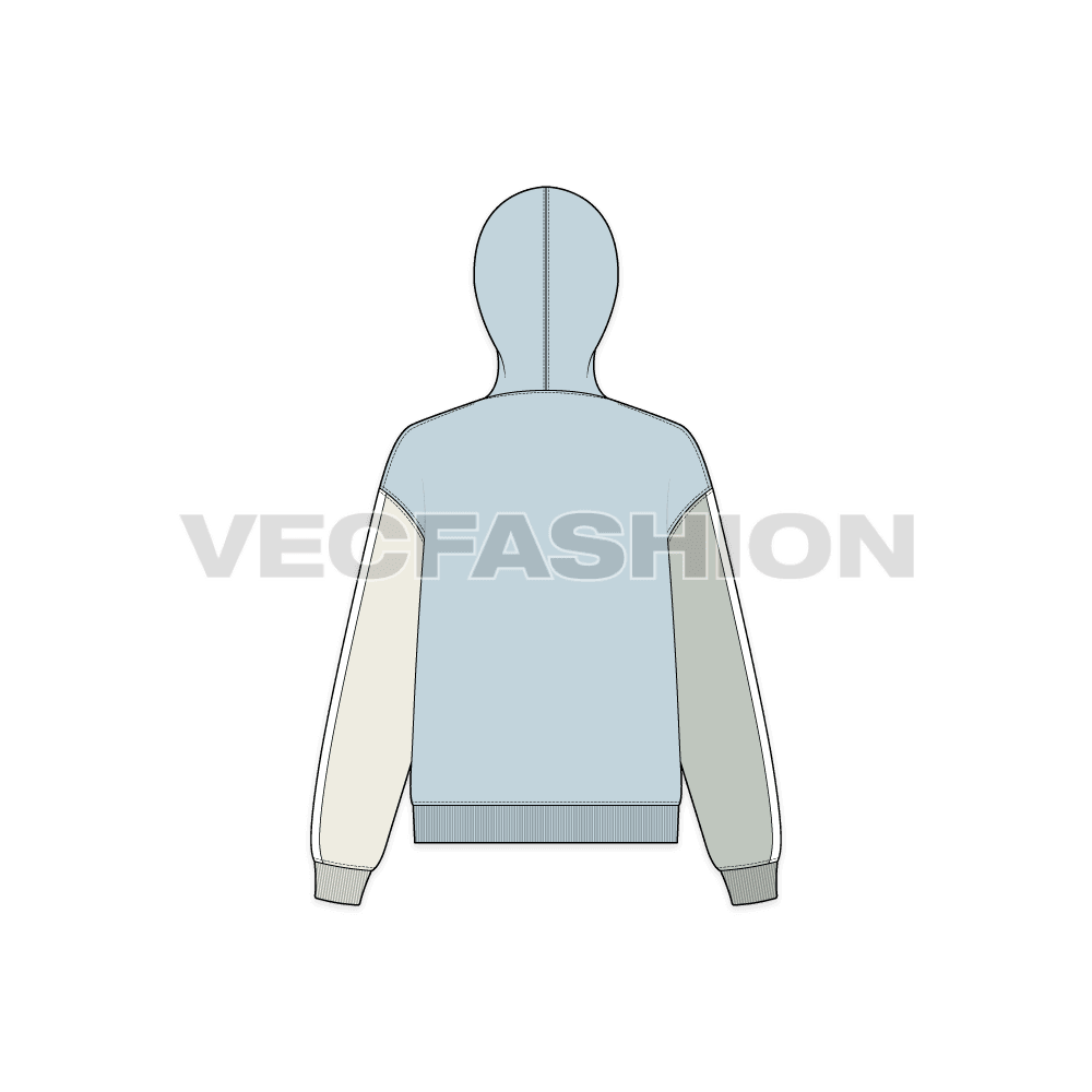 Womens color blocked hoodie, multi color flat sketch, back view
