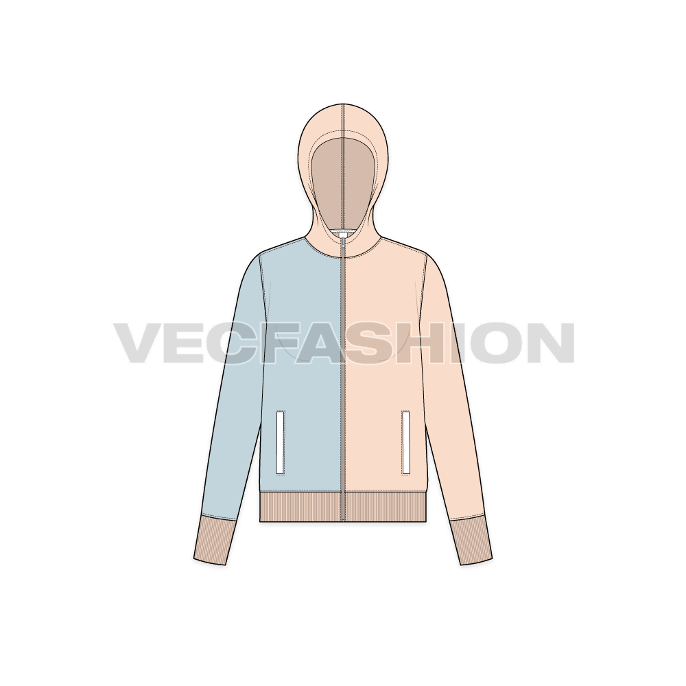 A new vector fashion flat of Womens Color Blocked Hoodie. It has powder blue color on one side and other half body in peach colorway. The side pockets welts are in white color.   