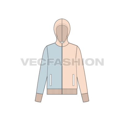 A new vector fashion flat of Womens Color Blocked Hoodie. It has powder blue color on one side and other half body in peach colorway. The side pockets welts are in white color.   
