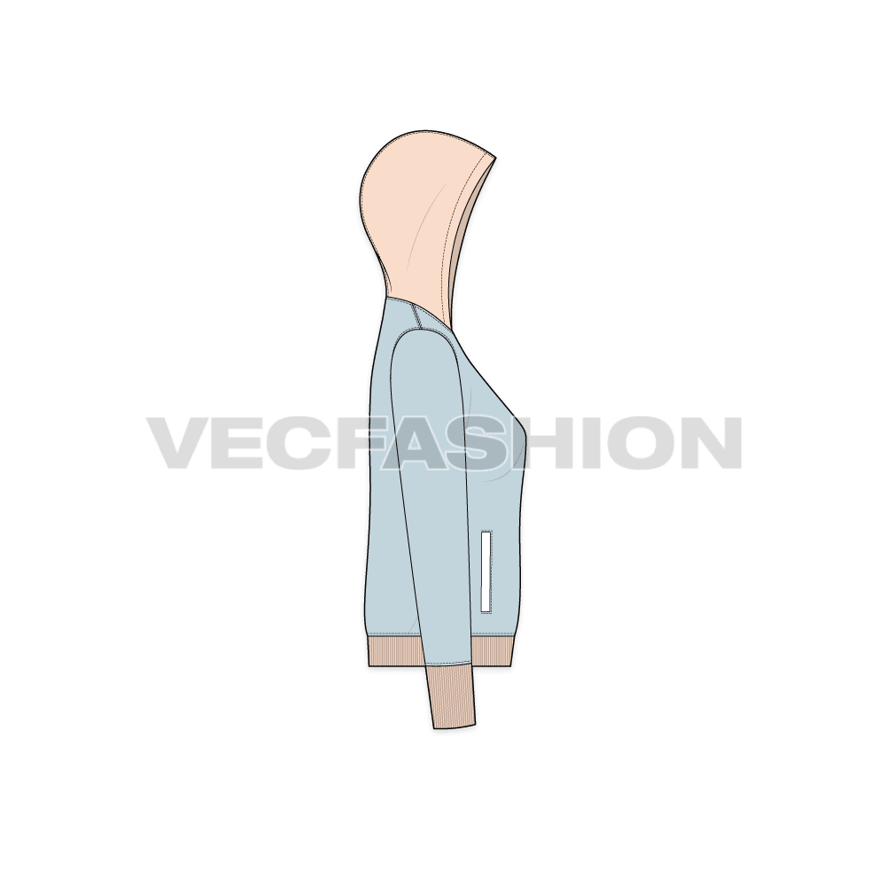 Womens color blocked hoodie, powder blue peach flat sketch, side view