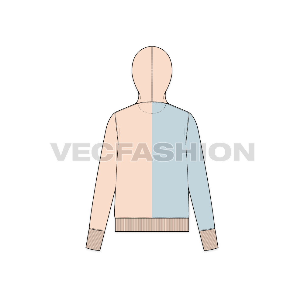 Womens color blocked hoodie, powder blue peach flat sketch, back view