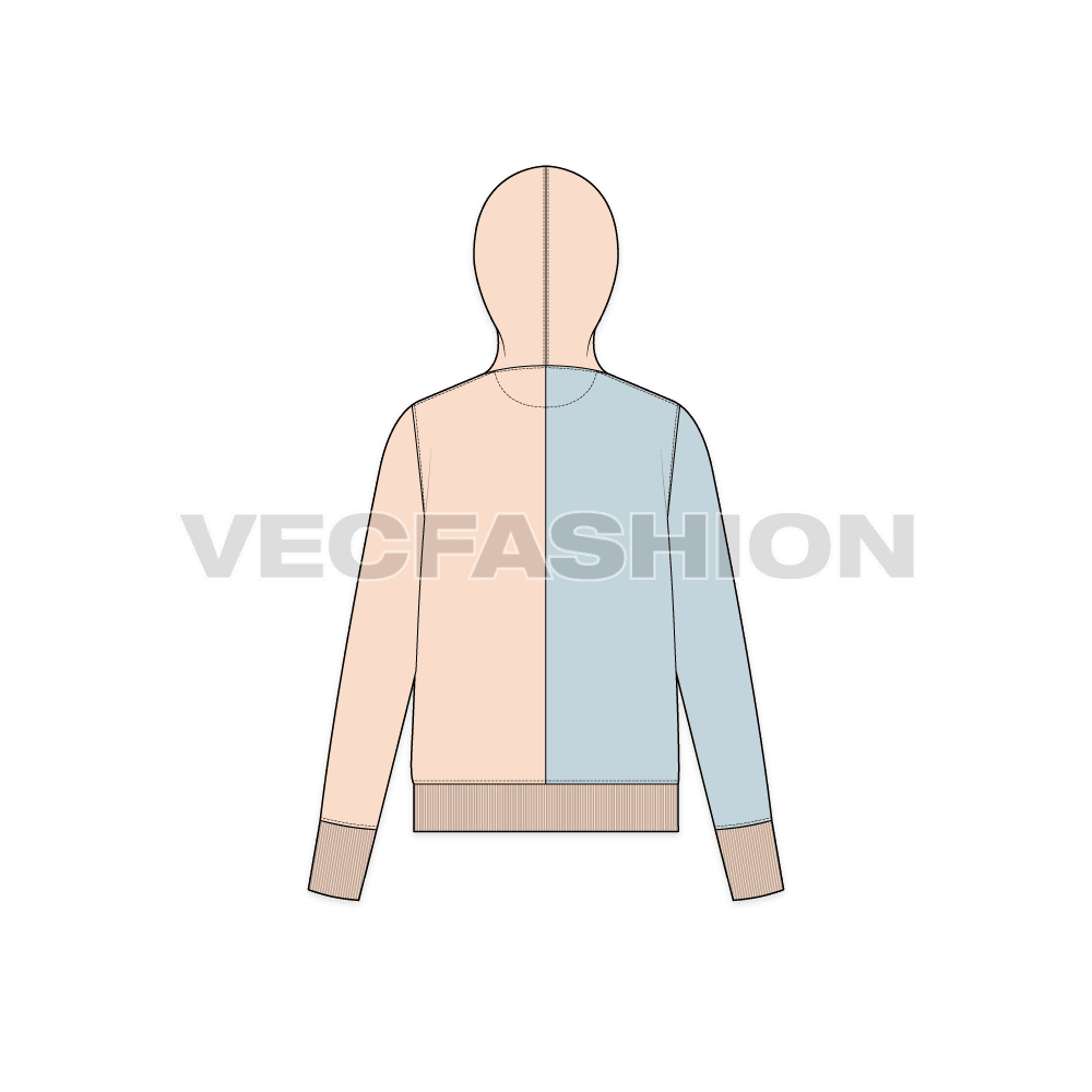 A new vector fashion flat of Womens Color Blocked Hoodie. It has powder blue color on one side and other half body in peach colorway. The side pockets welts are in white color.   