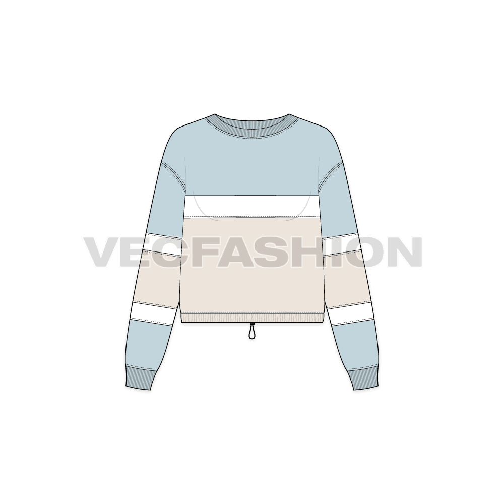 Womens color blocked pullover crop top flat sketch, front view