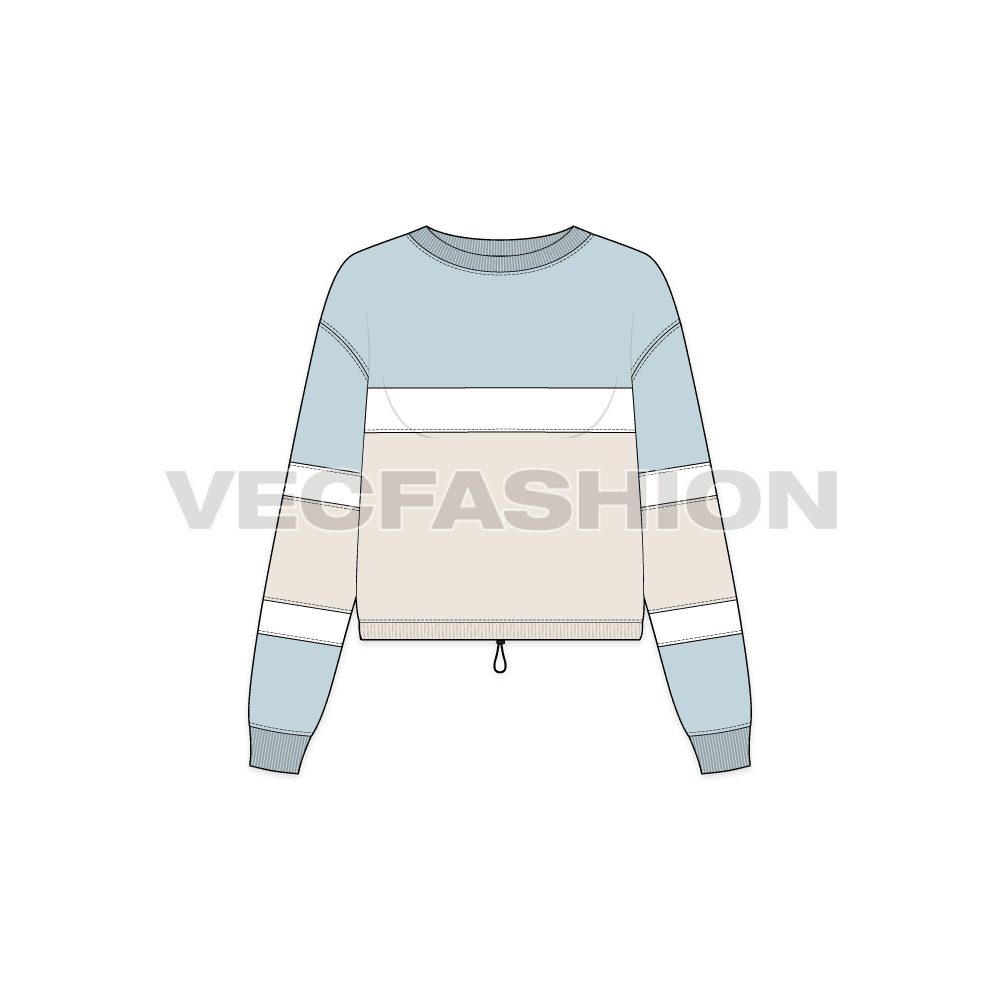 A vector template for Women's Color Blocked Pullover Crop Top. It is rendered in pastel shades with strike through white stripes in between. There is a trim add on bottom hem to adjust the fitting with stopper.