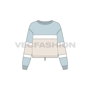 A vector template for Women's Color Blocked Pullover Crop Top. It is rendered in pastel shades with strike through white stripes in between. There is a trim add on bottom hem to adjust the fitting with stopper.