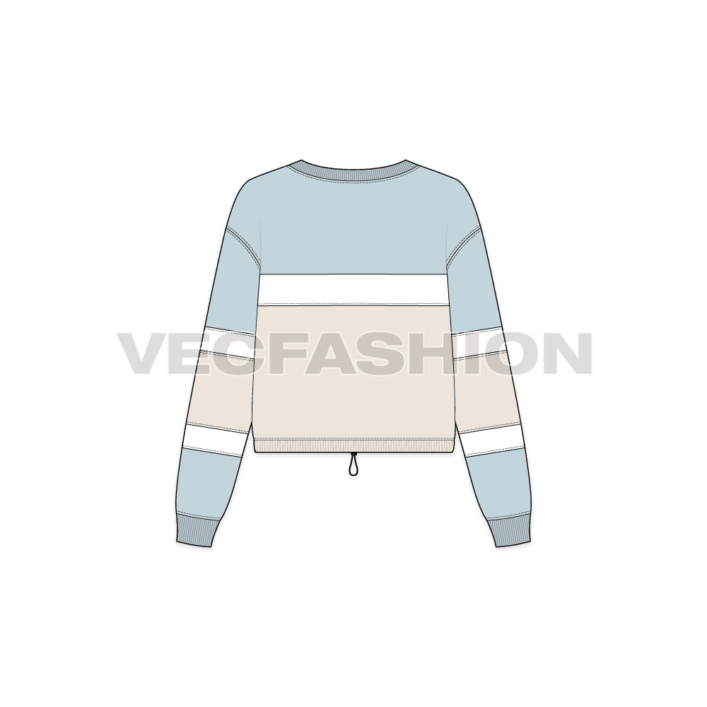 Womens color blocked pullover crop top flat sketch, back view