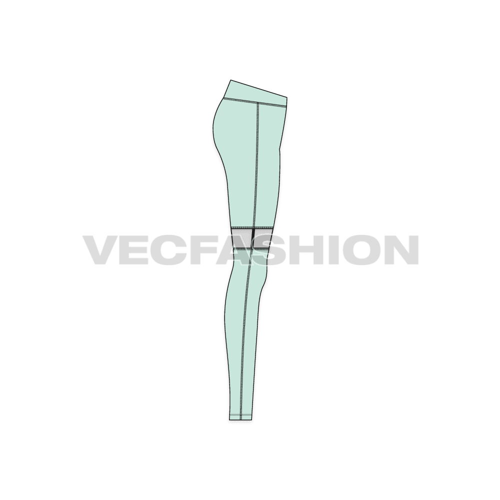 A vector fashion sketch template of Womens Compression Leggings. It has a unique and stylized waistband with 3M reflector panel just above the knees. 