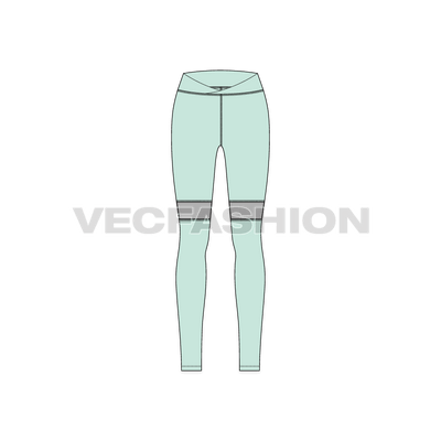 A vector fashion sketch template of Womens Compression Leggings. It has a unique and stylized waistband with 3M reflector panel just above the knees. 