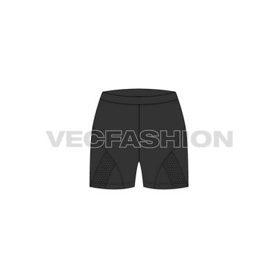 A vector fashion sketch template of Women's Compression Shorts. It is made out of lycra material and have panels on sides with flat lock stitch. 