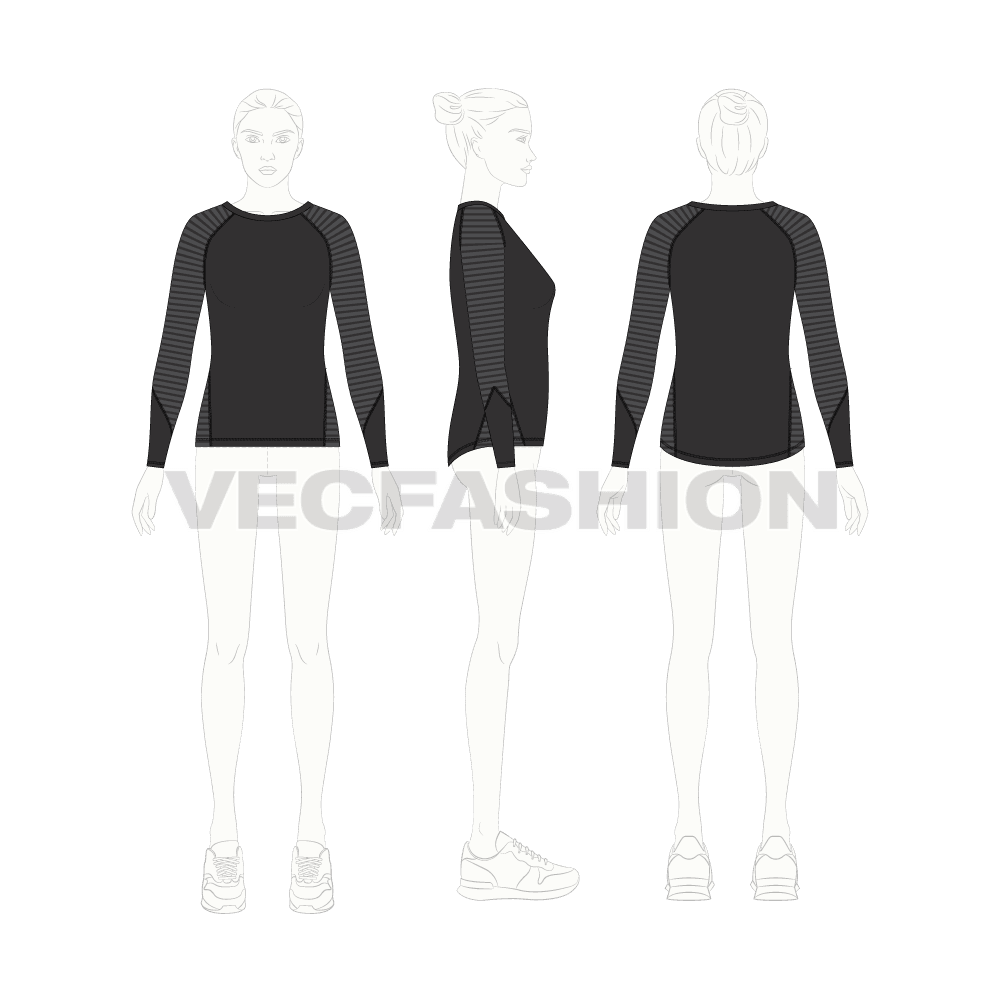 Womens compression tee flat sketch, croqui sketch