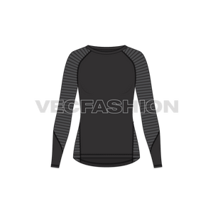 A vector templates for Women's Compression Tee in black and charcoal gray color. It is design with the clima cool fabric and help you boost your confidence by giving you a locked-in feel. This fabric and fit is great to keep you focused and empowered for your fitness and training sessions. 
