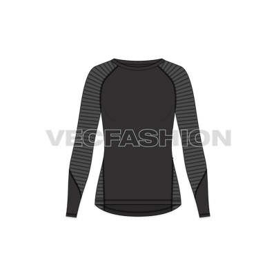 A vector templates for Women's Compression Tee in black and charcoal gray color. It is design with the clima cool fabric and help you boost your confidence by giving you a locked-in feel. This fabric and fit is great to keep you focused and empowered for your fitness and training sessions. 