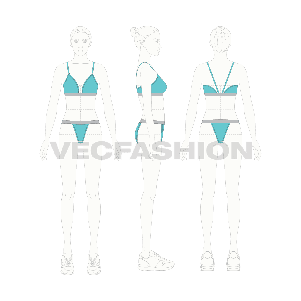 Womens cotton bra and panties set flat sketch, croqui sketch