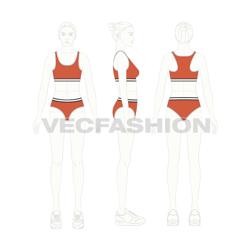 Womens cotton bralette set flat sketch, croqui sketch