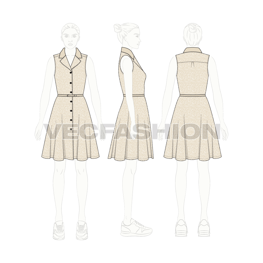 Womens cotton poplin dress flat sketch, croqui sketch