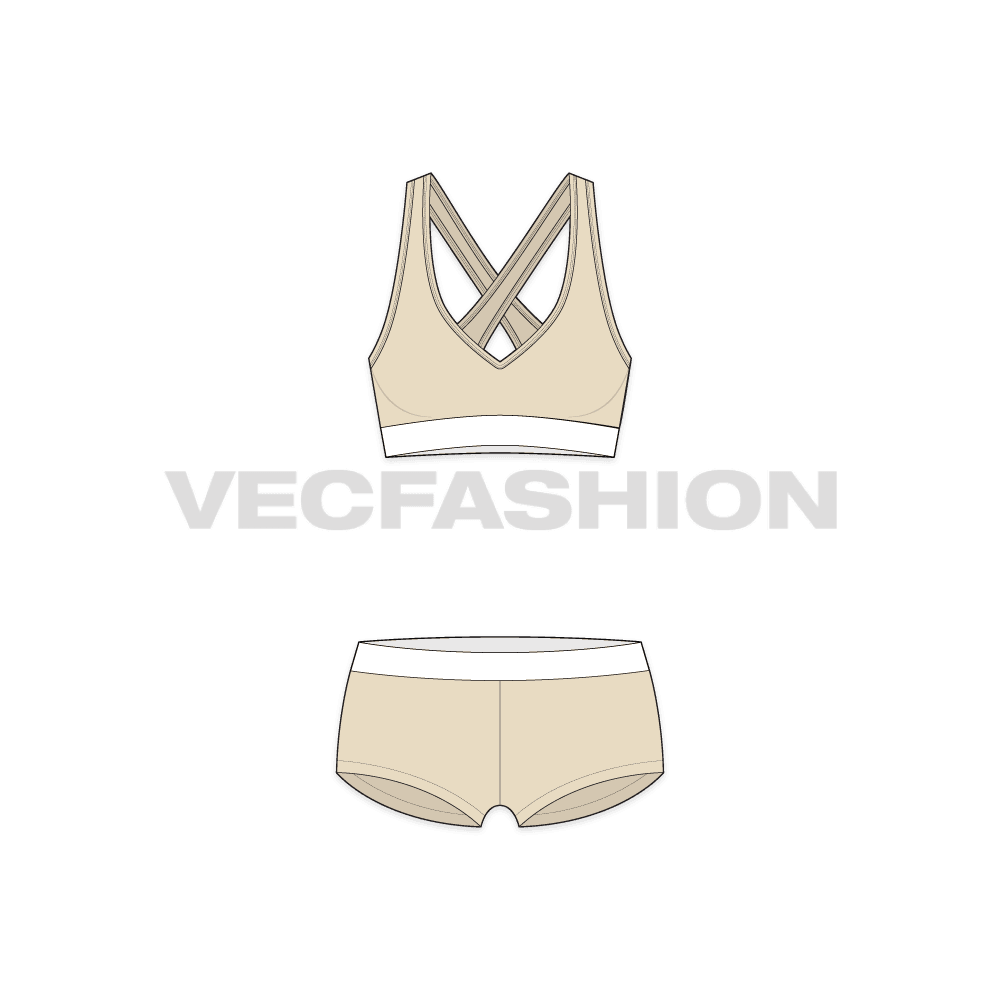 Womens cotton underwear set, v-neck cross-over flat sketch, front view