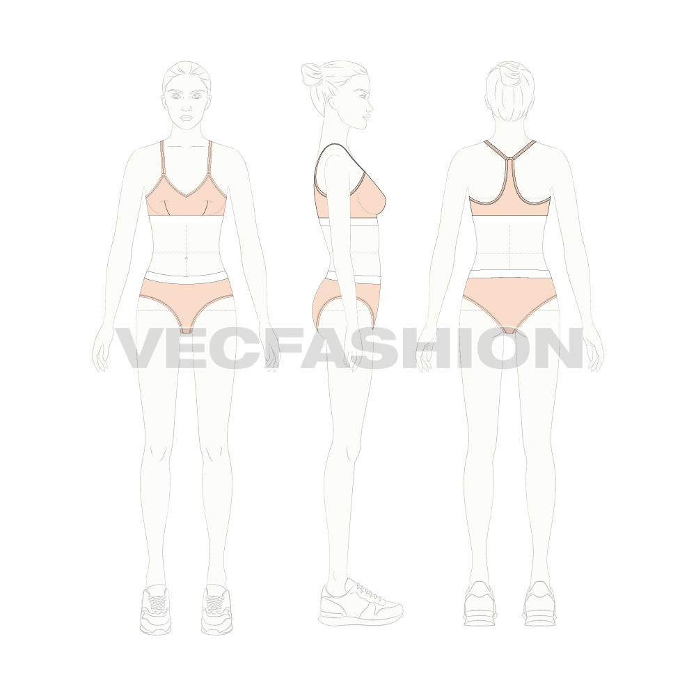 Womens cotton underwear set, racerback flat sketch, croqui sketch