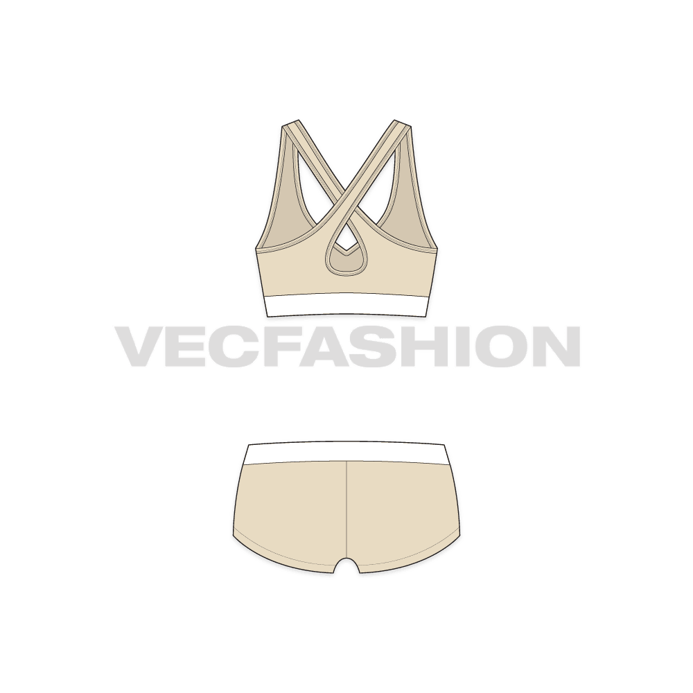 Womens cotton underwear set, v-neck cross-over flat sketch, back view