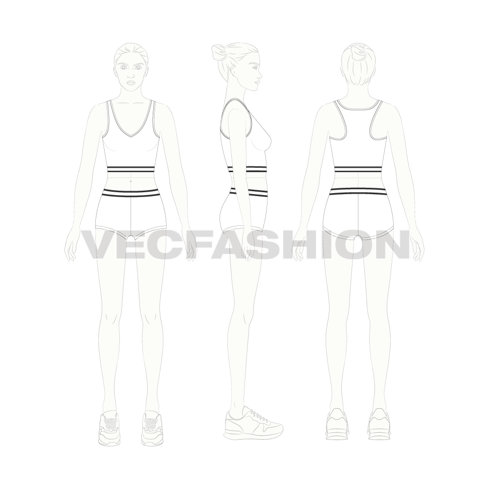 Womens cotton underwear set, racerback, alternate colorway flat sketch, croqui sketch