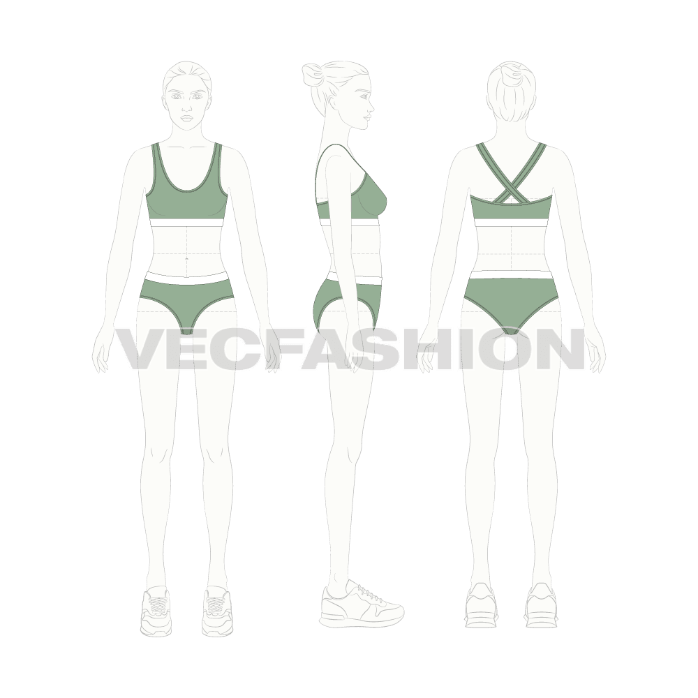 Womens cotton underwear set, scoop neck flat sketch, croqui sketch