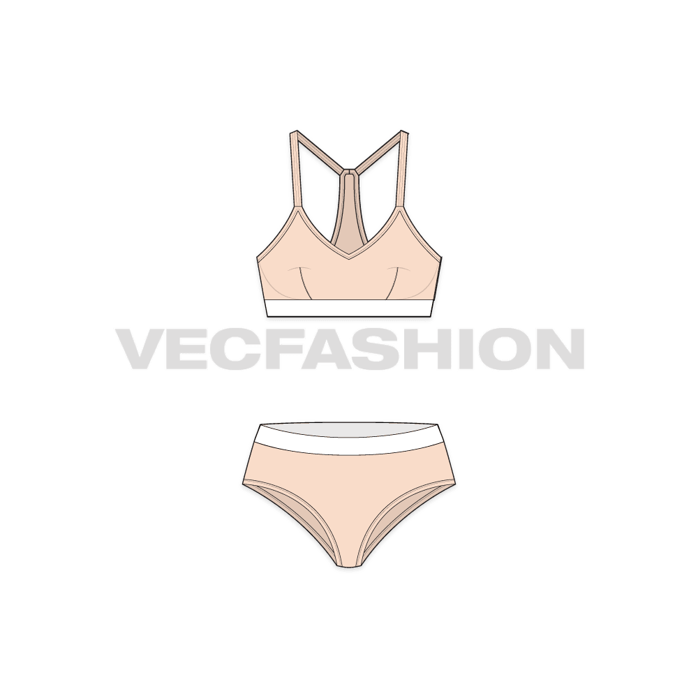 Womens cotton underwear set, racerback flat sketch, front view