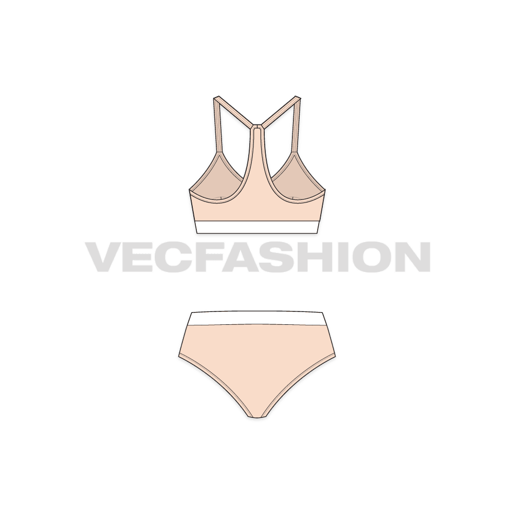 Womens cotton underwear set, racerback flat sketch, back view