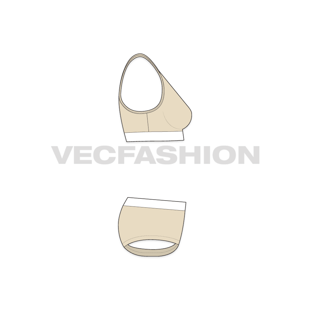 Womens cotton underwear set, v-neck cross-over flat sketch, side view