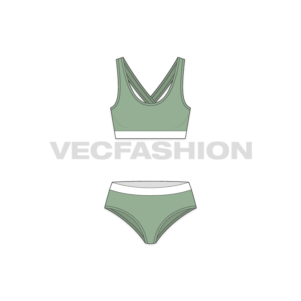 Womens cotton underwear set, scoop neck flat sketch, front view