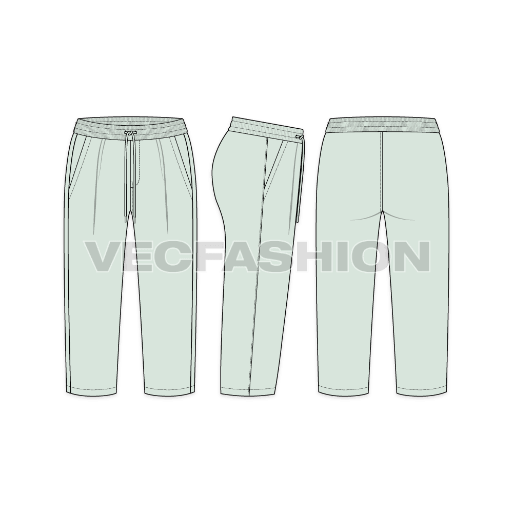 Womens cozy work slacks flat sketch, showing all views, front, side and back