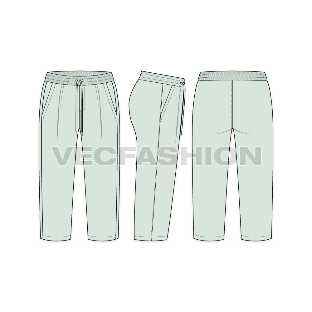 A vector fashion sketch for Women's Cozy Work Slacks. It has elasticated waistband with long drawstrings. The length is capri and colored in mint green giving a cool look. 