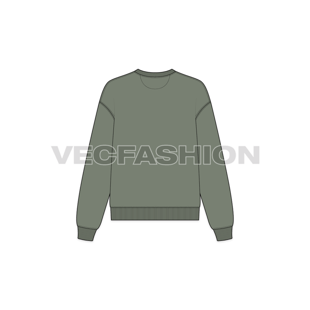 Womens crew neck drop shoulder sweatshirt flat sketch, back view