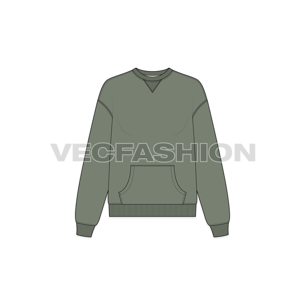 Womens crew neck drop shoulder sweatshirt flat sketch, front view